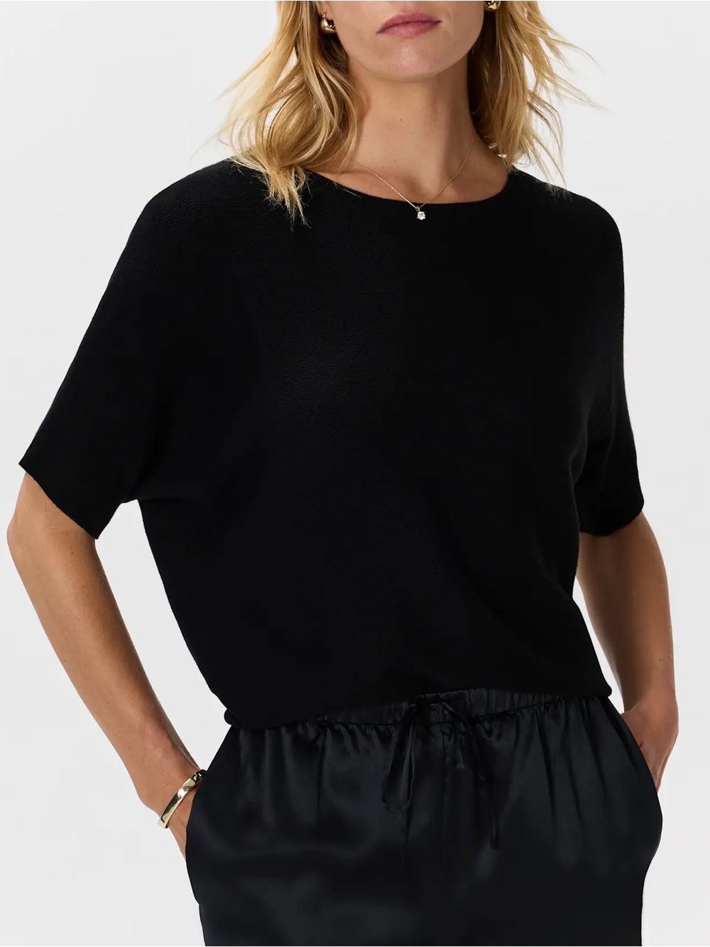 Quince Lightweight Cotton Cashmere Link Stitch Dolman Sweater Black XL